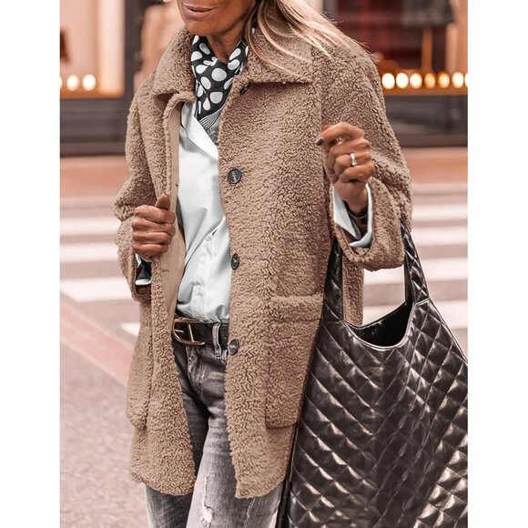 Women’s Winter Faux Fur Coat Long Sleeve Lapel Button Down Fleece Sherpa Jacket - Picture 5 of 8